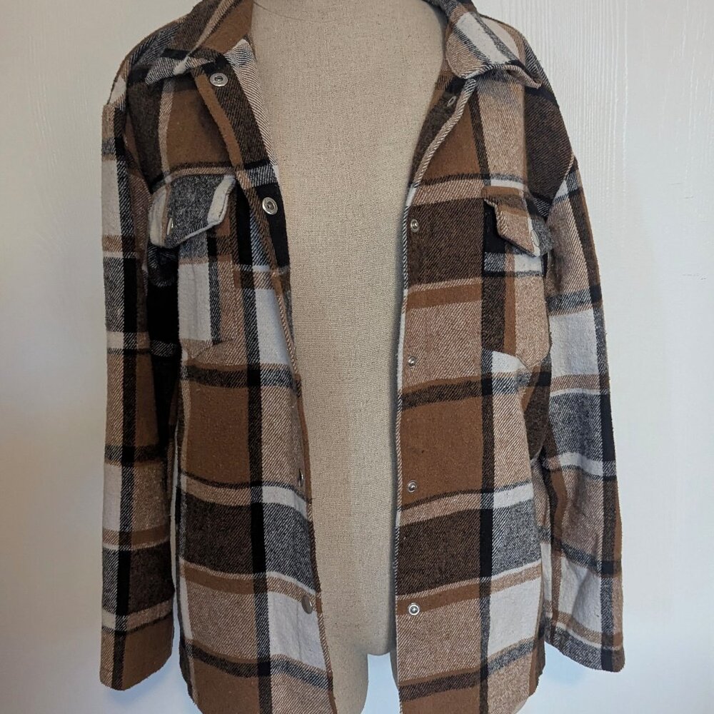 Black White & Brown Button Up Flannel Shirt Jacket Shacket